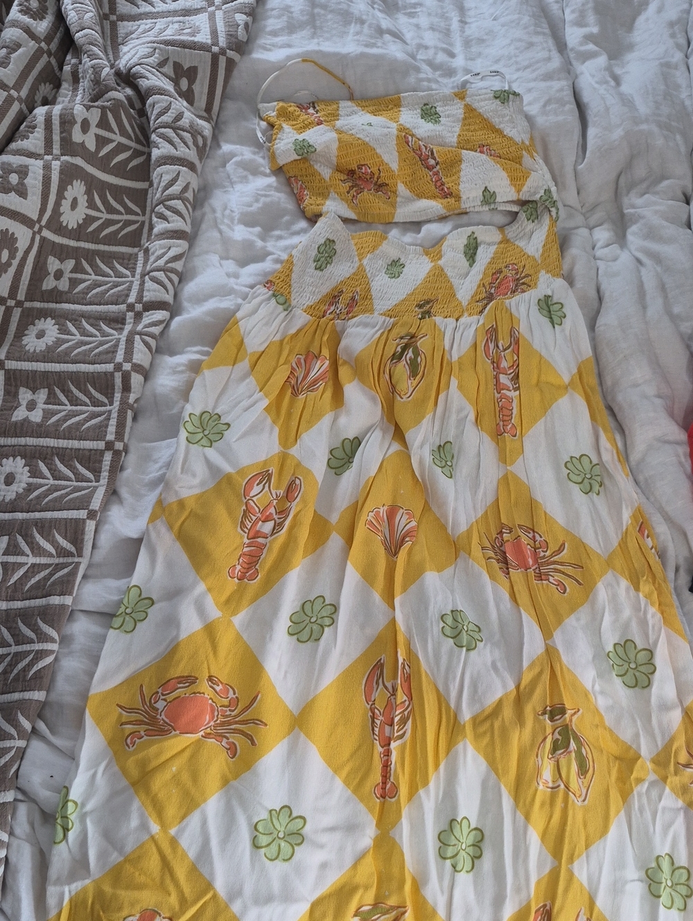 Womens Yellow & White Smocked Halter Dress with Sea Life Print
